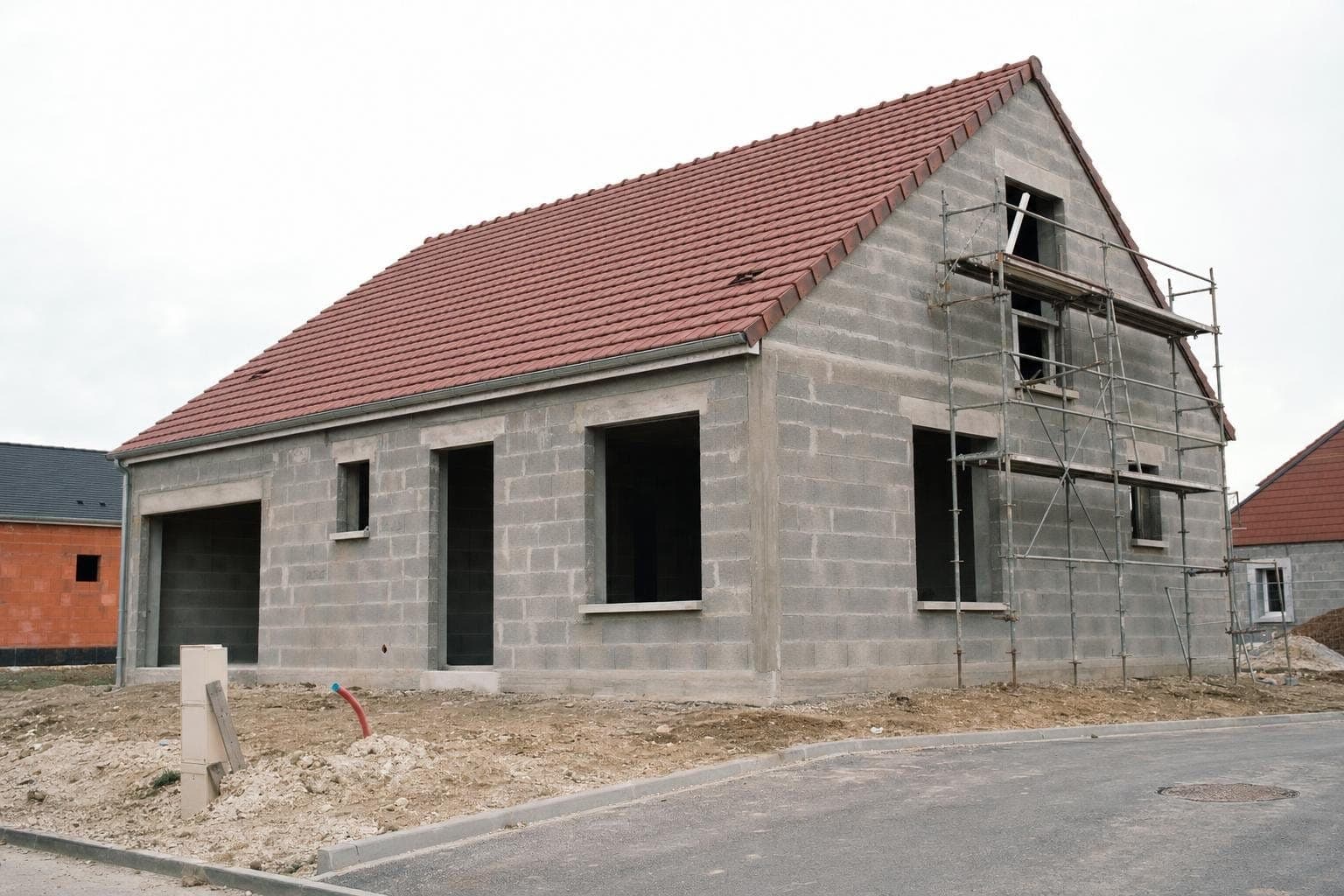Maison neuve aux murs en blocs béton bruts, charpente et toiture posées, ouvertures encore brutes